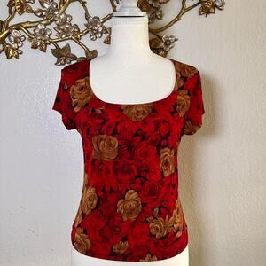 Red rose floral scoop neck